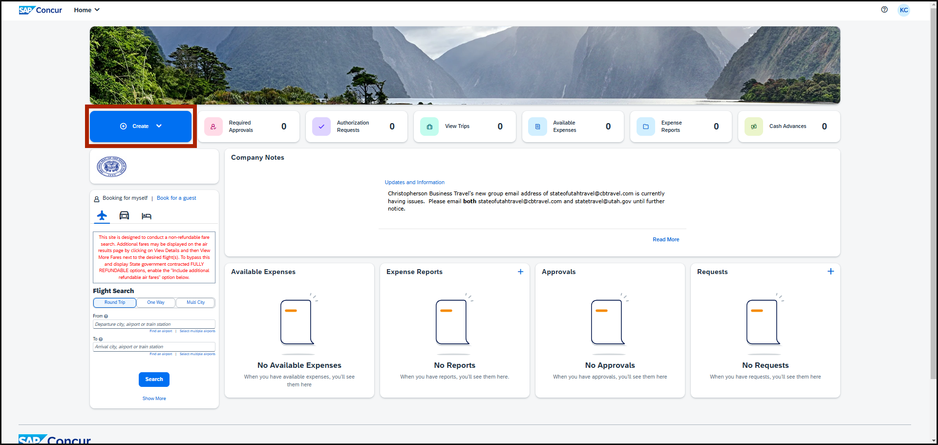 screenshot of home page of concur, with create button highlighted