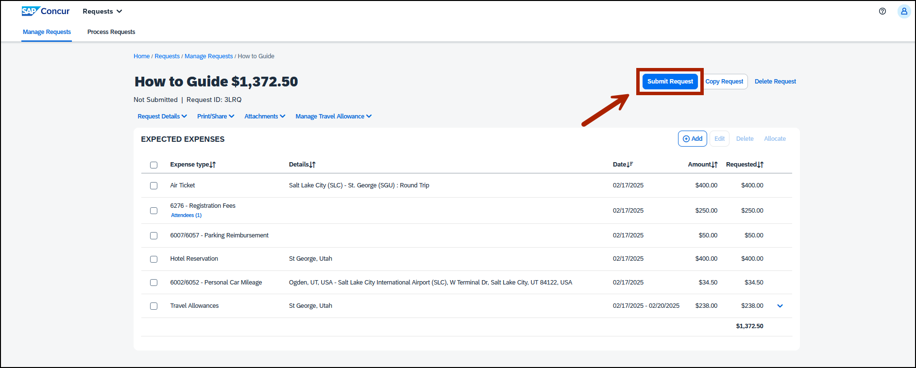 screenshot of expense screen with arrow calling out submit request button