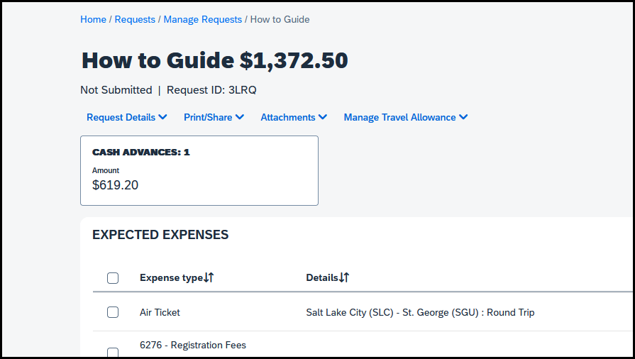 screenshot of expected expenses, showing cash advances