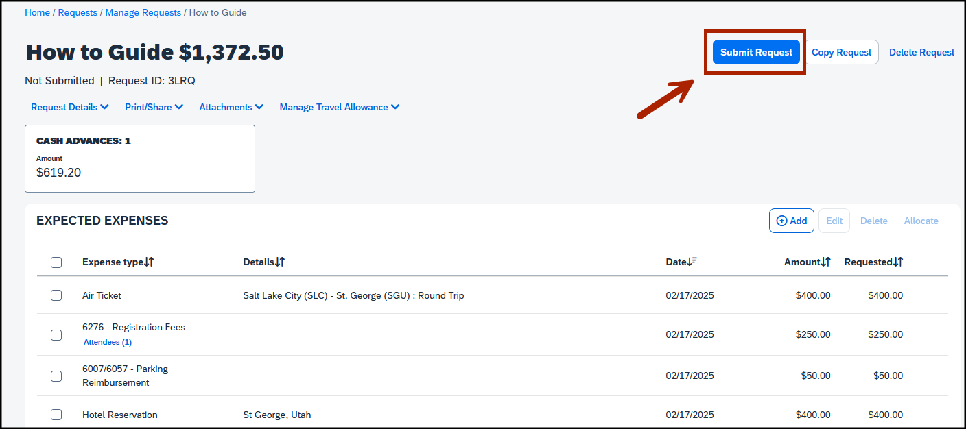 screenshot of expenses page, with red arrow pointing out submit request button