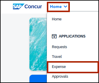 Home page drop-down, selecting Expense option