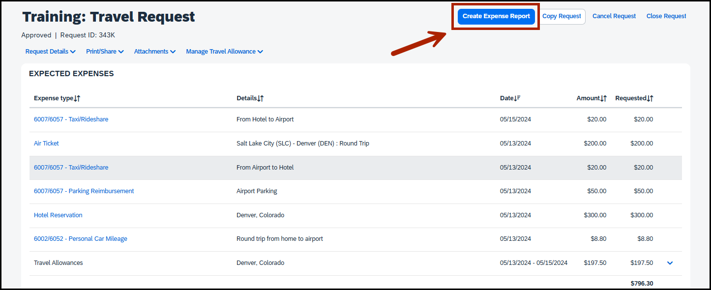 screenshot of creating an expnse report