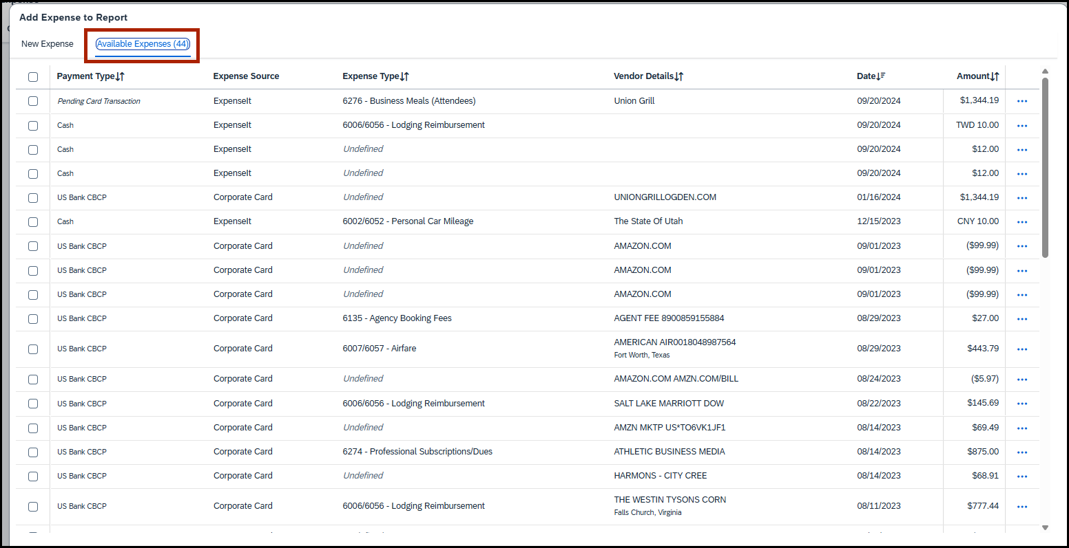 screenshot of expenses, calling out the available expenses tab
