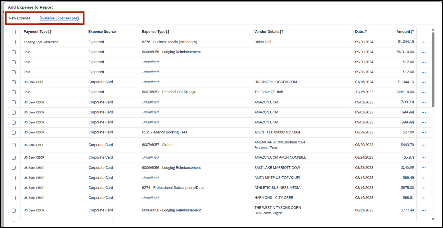 screenshot of available expenses