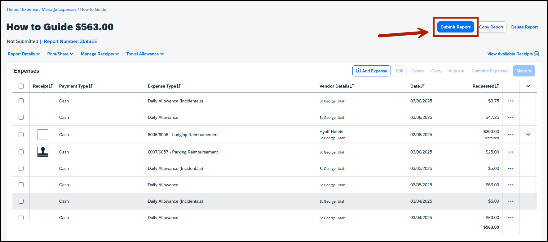 screenshot of submitting the reimbursement request