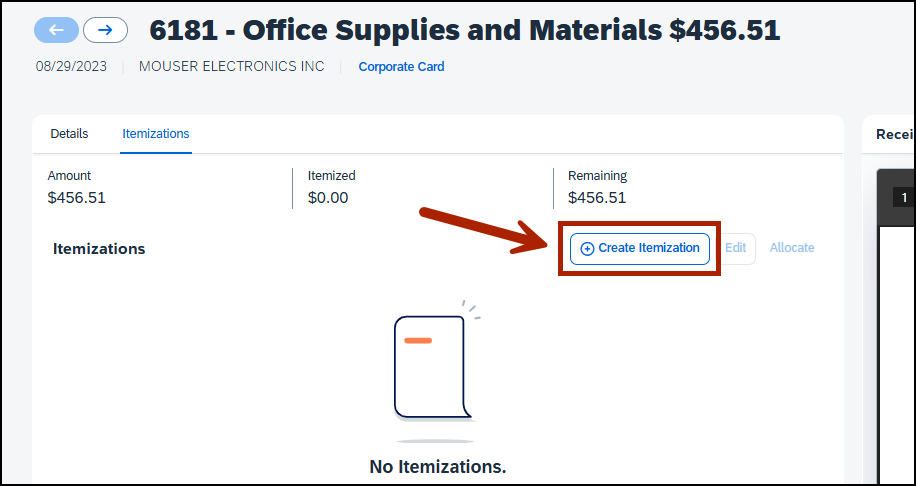 screenshot of itemizations screen, calling out the create itemization button