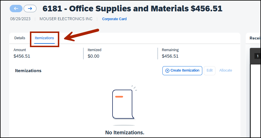screenshot of data entry screen for the expense, calling out the Itemizations tab