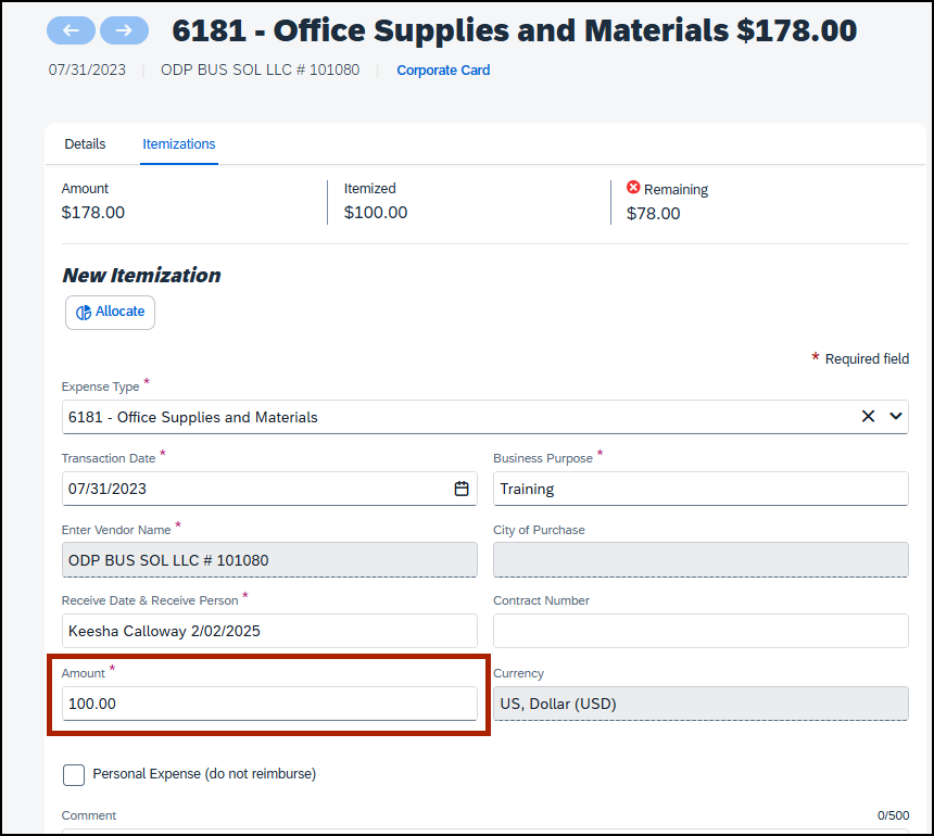 screenshot of dollar amount on itemization page