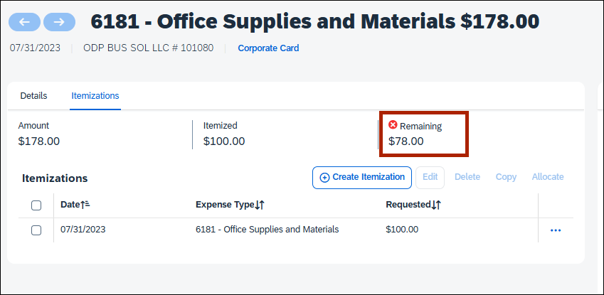 screenshot of remaining balance on itemizations page