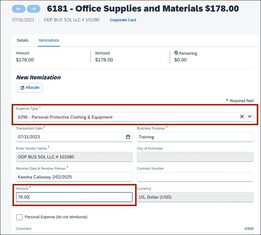 screenshot of itemization page expense type drop-down