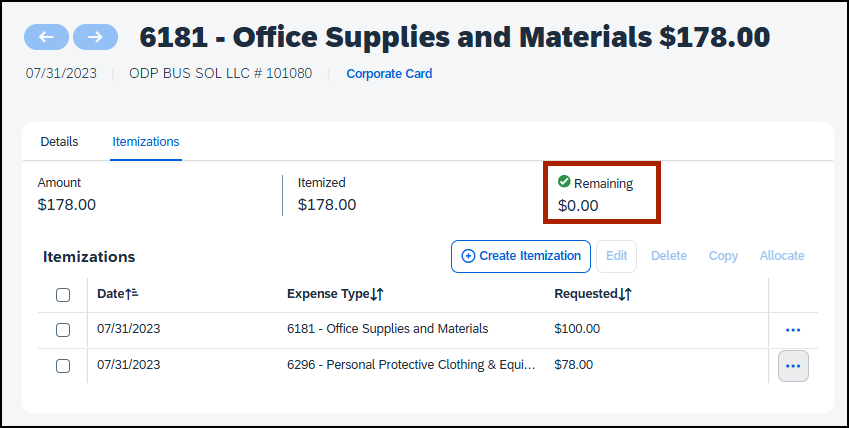 screenshot of zero dollar remaining balance on itemization page