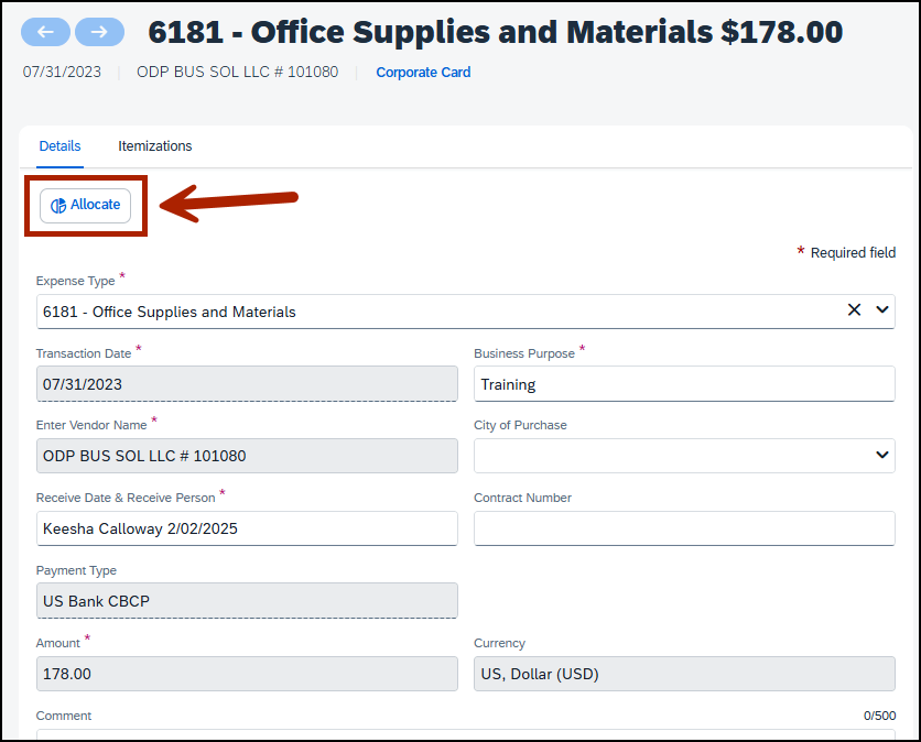 screenshot of itemizations page with red arrow calling out allocate button