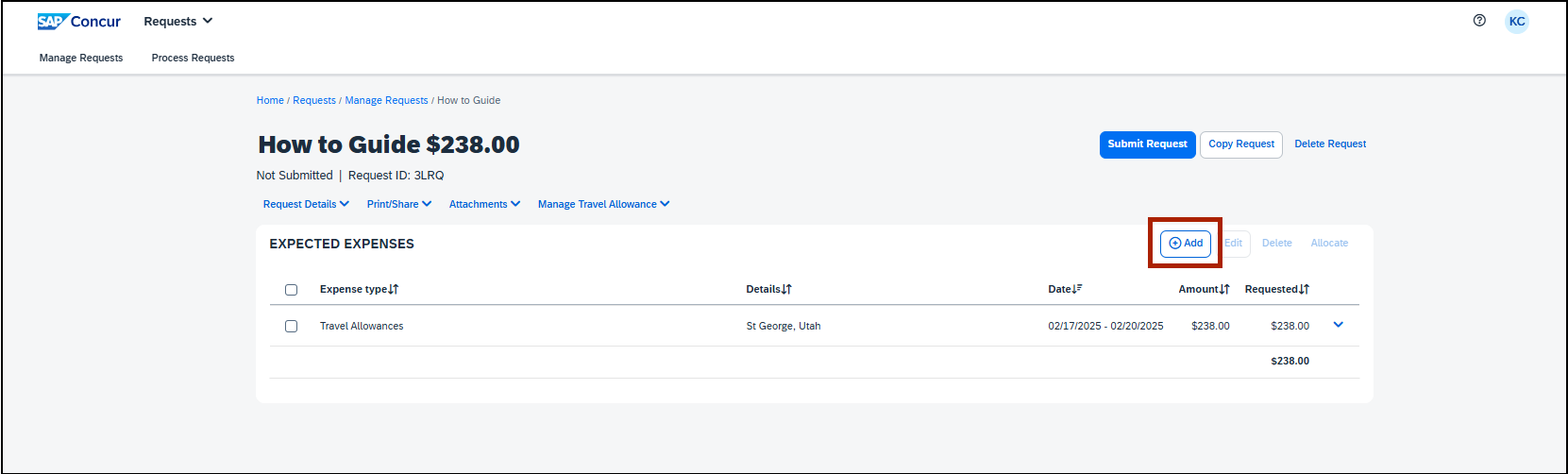screenshot of expense screen with red box calling out add button