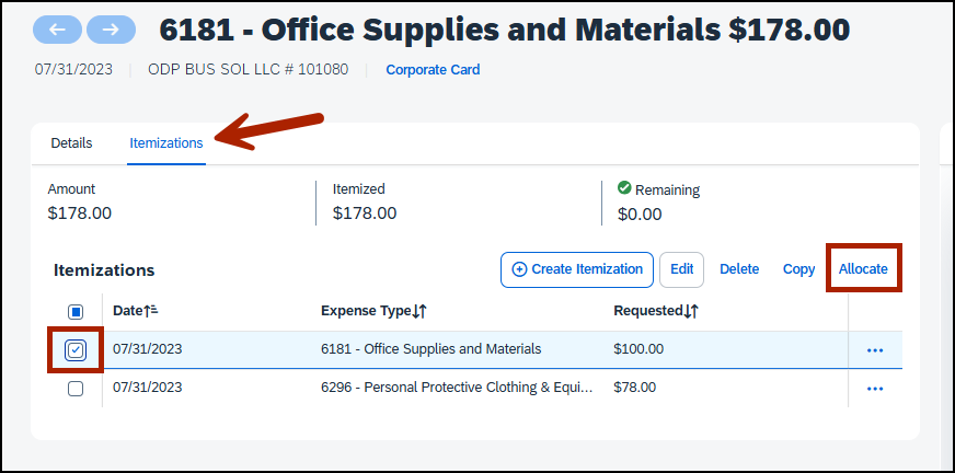 screenshot of itemization page, calling out allocate button