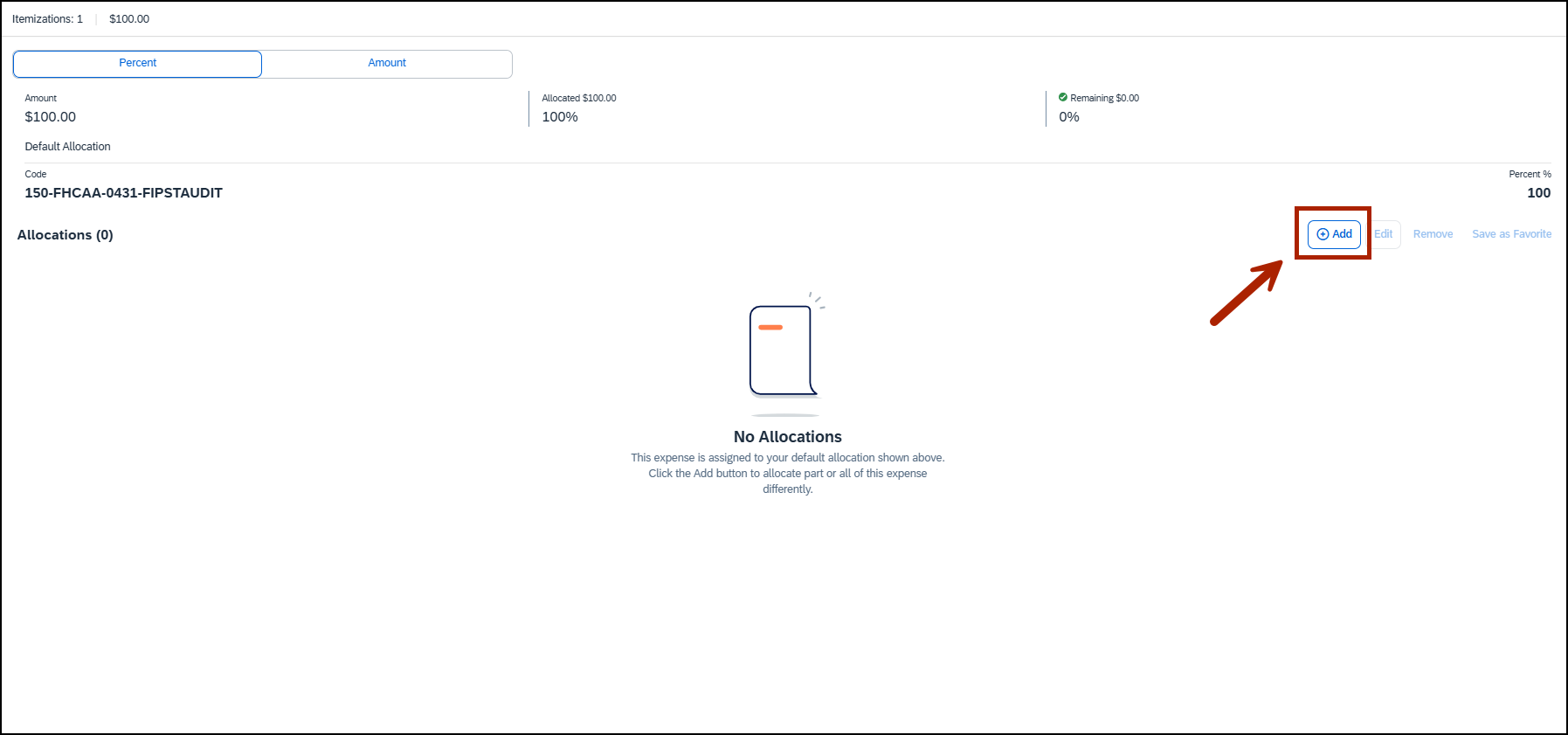 screenshot of allocations page with red arrow calling out add button