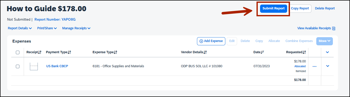 screenshot of add expense page with red arrow calling out submit report button