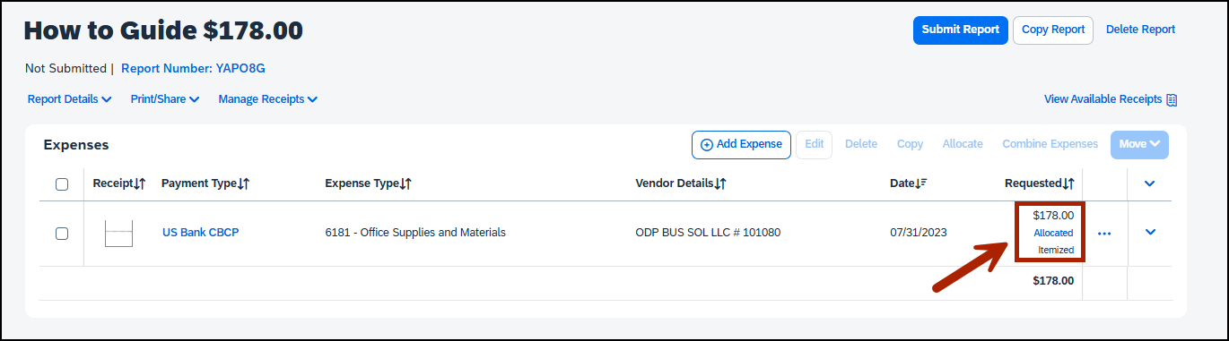 screenshot of add expense screen, with red arrow pointing out allocated expense