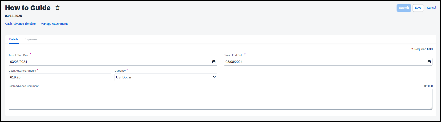 screenshot of expected expenses screen showing added cash advance