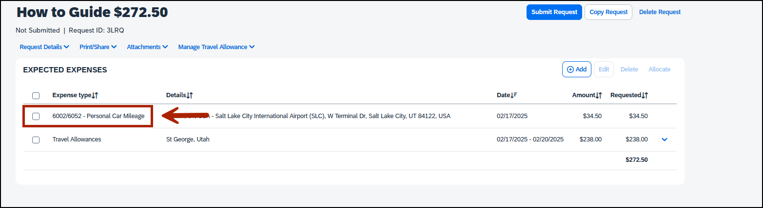 screenshot of expense screen with red arrow pointing out expense that has been added