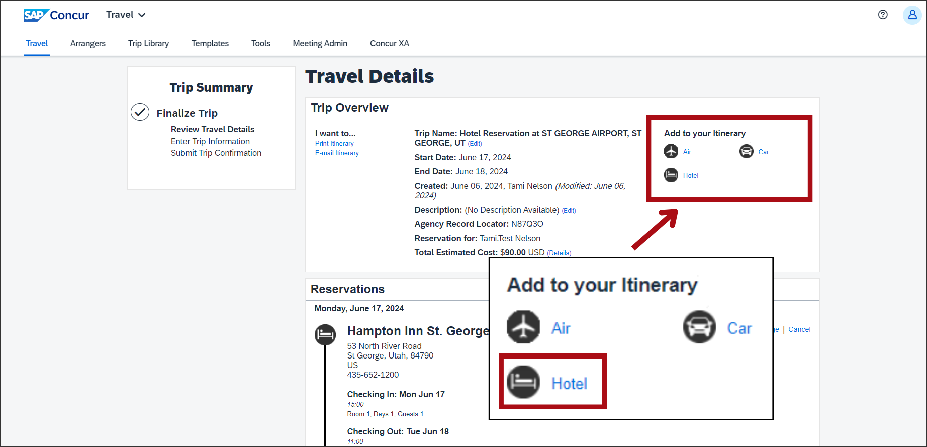 select itinerary  and select hotel button