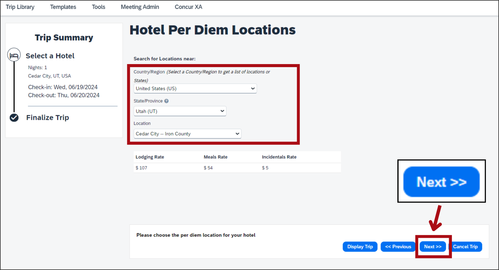 Screenshot of the Hotel per Diem Locations screen with an arrow pointing to the Next button