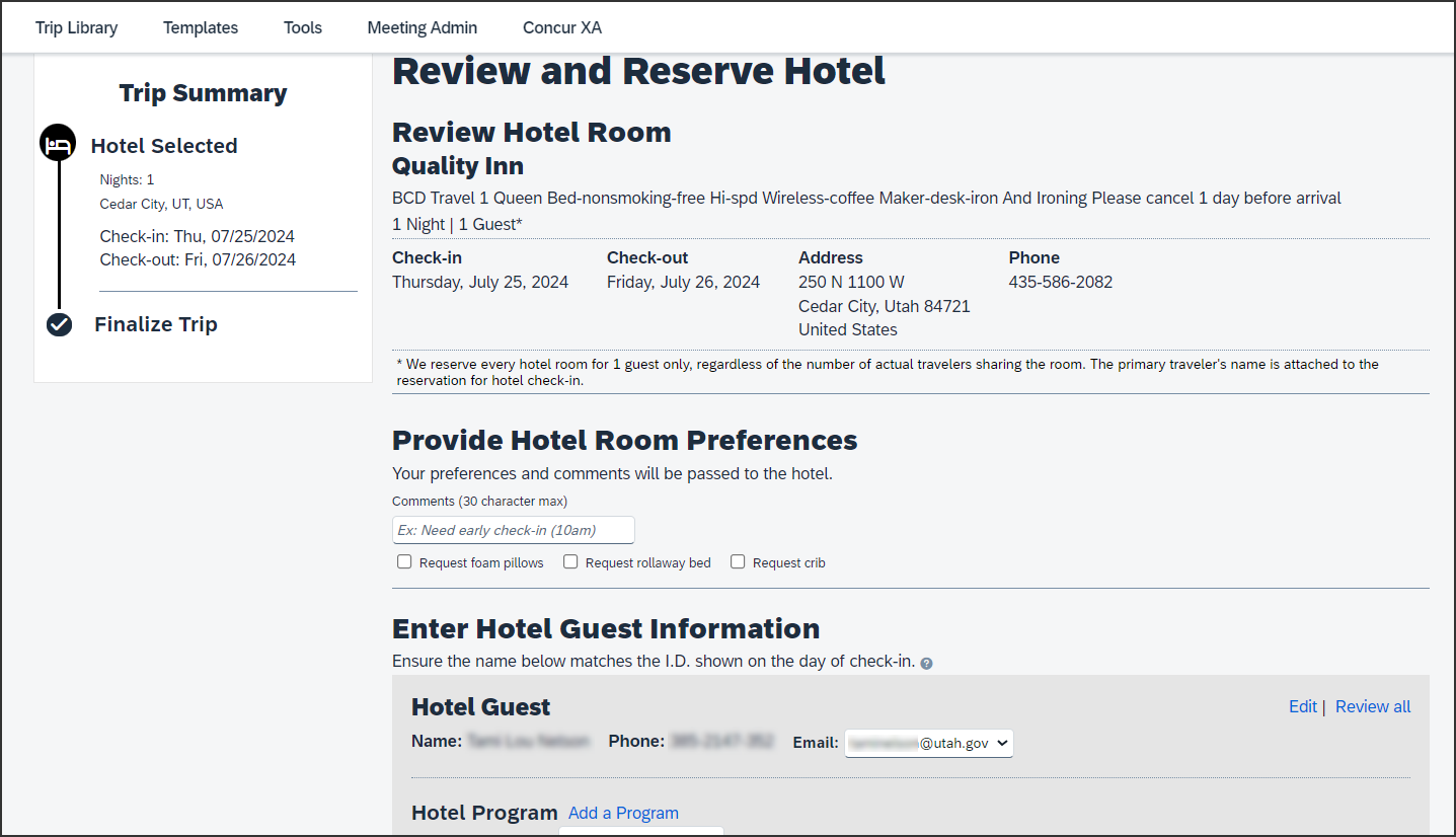 Screenshot of the screen labeled Review and Reserve Hotel