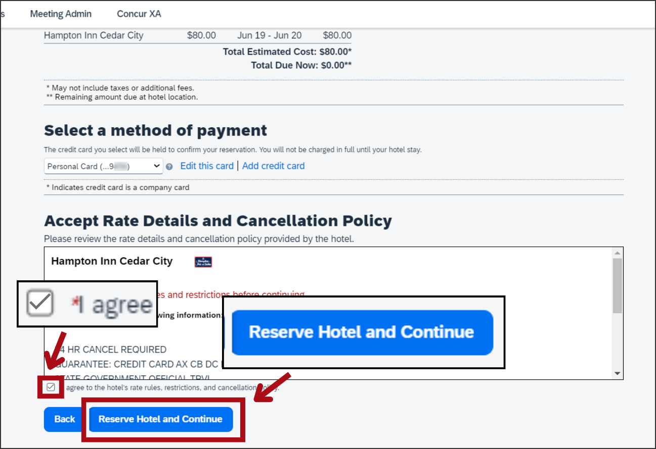 Screenshot showing an arrow pointing to the agreement checkbox and another arrow pointing to the Reserve Hotel and Continue button