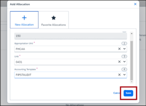 Screenshot of the Add Allocation window with a red rectangle highlighting the Save button