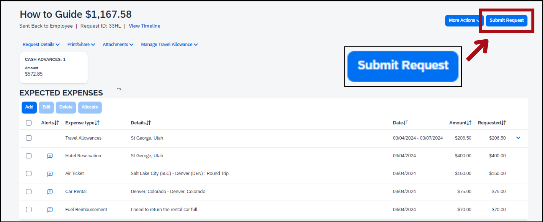 Screenshot of the Expected Expenses screen with an arrow pointing to the Submit Request button