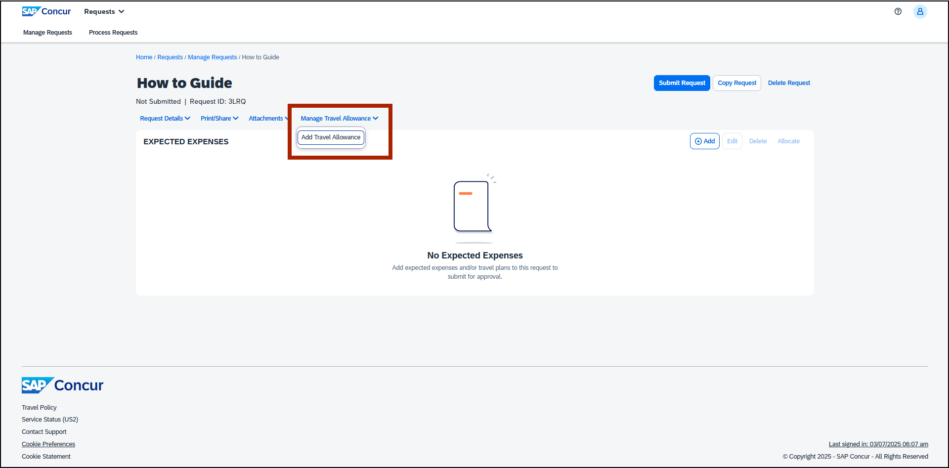 screenshot of expense screen with red call out box around manage travel expense tab